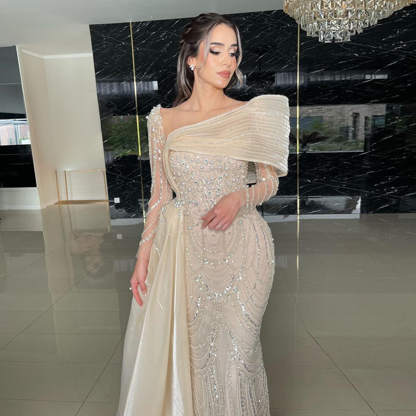 Luxury Nude Crystal Evening Dress with Overskirt SS256