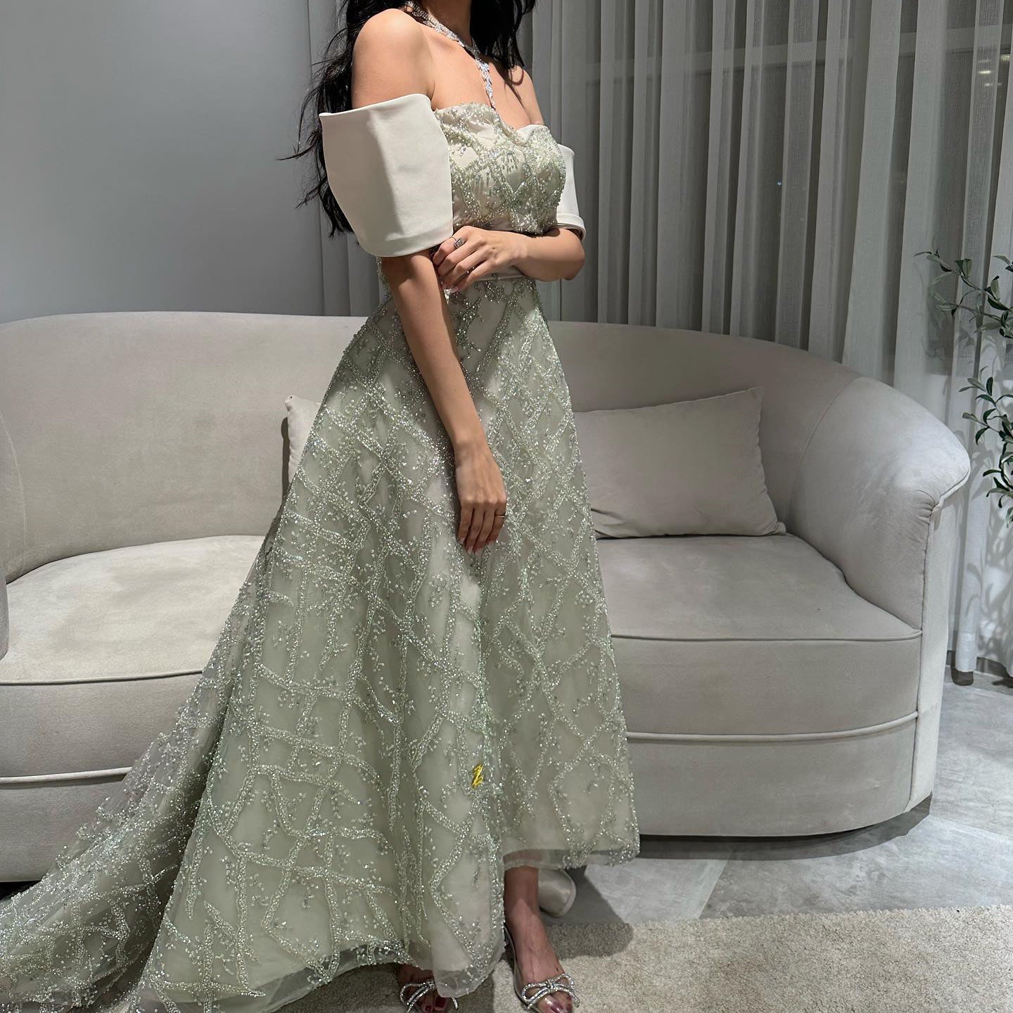 Elegant Sage Green Off Shoulder Evening Dress SS427