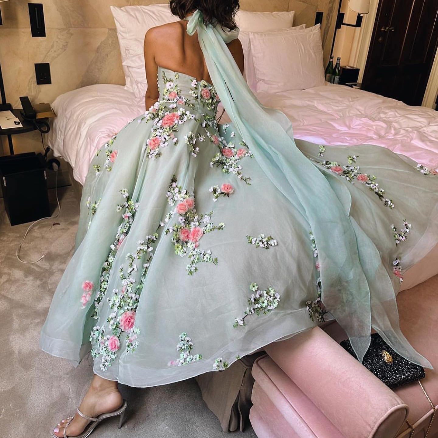 Chic 3D Flowers Halter Aqua Evening Dress SF299