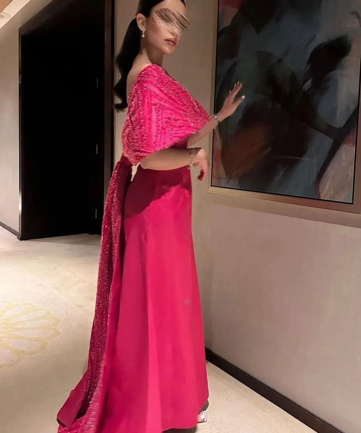 Elegant Off Shoulder Fuchsia Evening Dress with Cape SS482