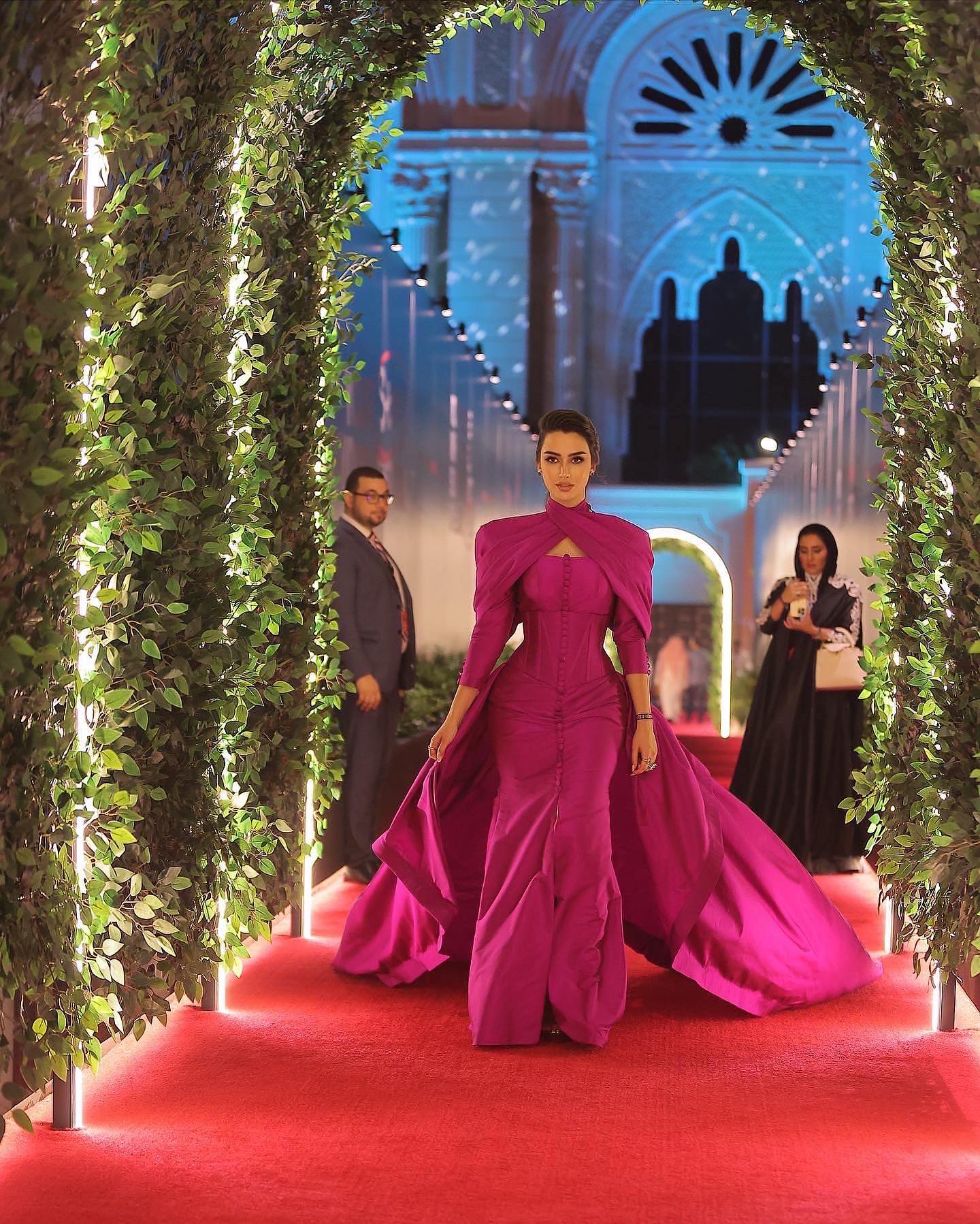 Fuchsia Mermaid Evening Dress with Overskirt Corset Long Sleeves SF030