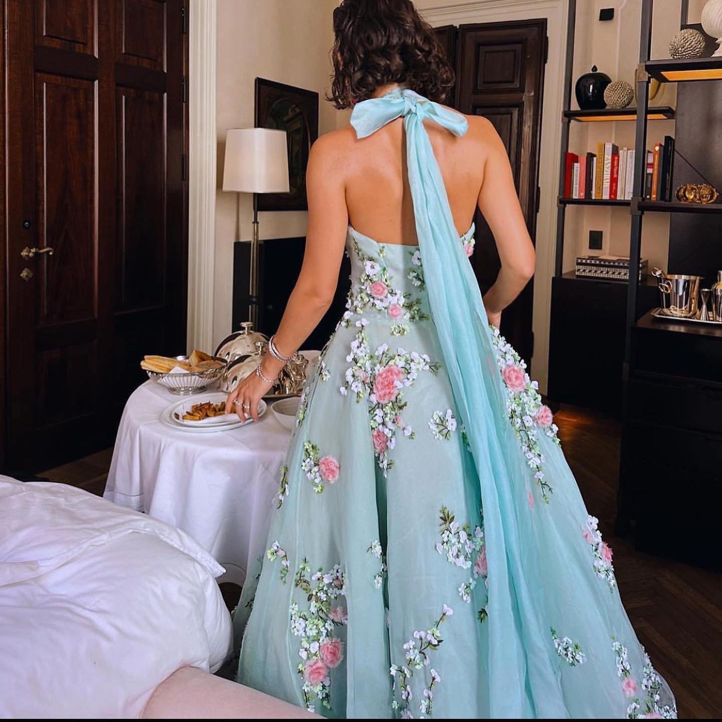 Chic 3D Flowers Halter Aqua Evening Dress SF299