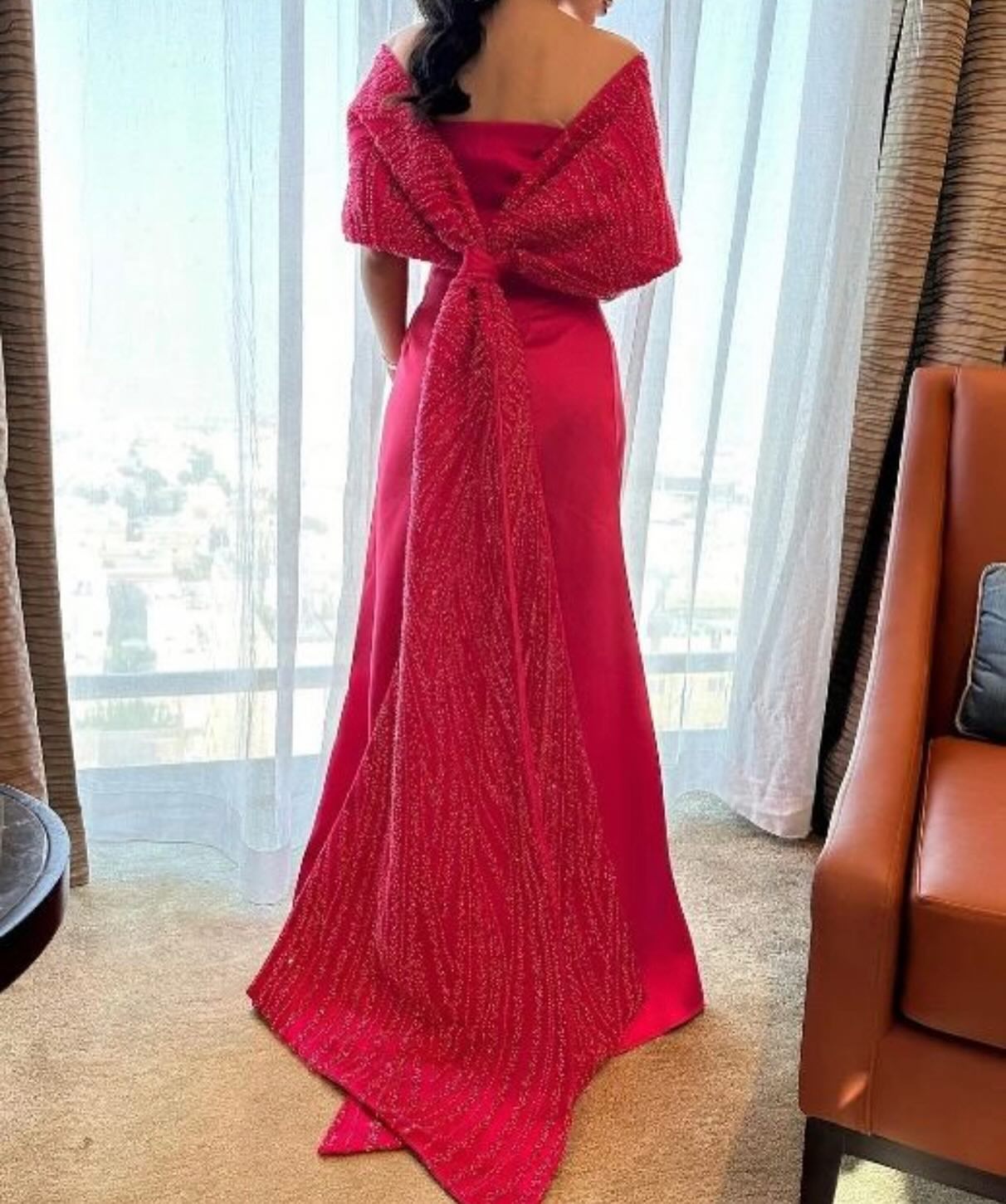Elegant Off Shoulder Fuchsia Evening Dress with Cape SS482
