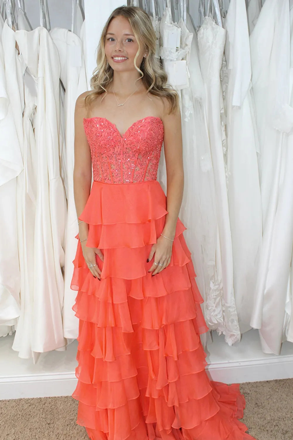 A-line/Princess Chiffon Fuchsia Sweetheart Tiered Ruffles Prom Dress with Slit Applique