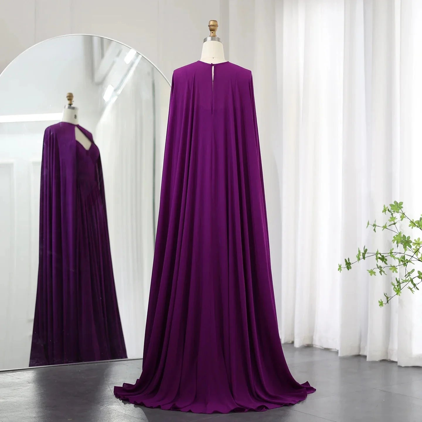 Elegant Purple Chiffon Evening Dress with Cape SF002