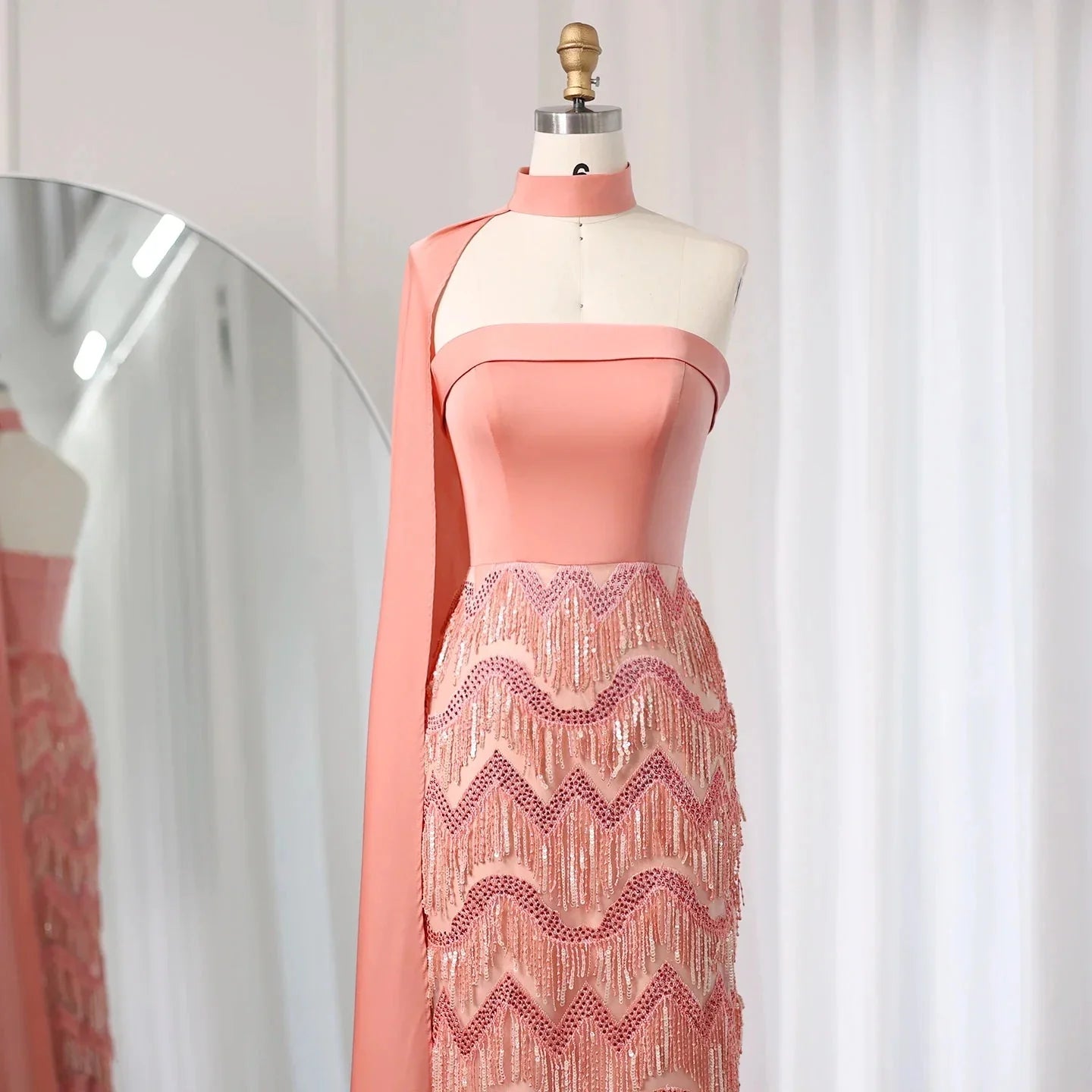 Blue Tassel Strapless Evening Dress with Cape Sleeve SS143