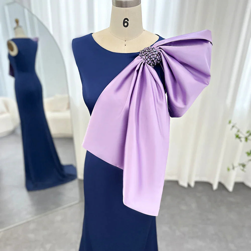 Dreamy Vow Elegant Navy Blue Satin Mermaid Evening Dresses with Lilac Bow Women Wedding Party Formal Gowns F121