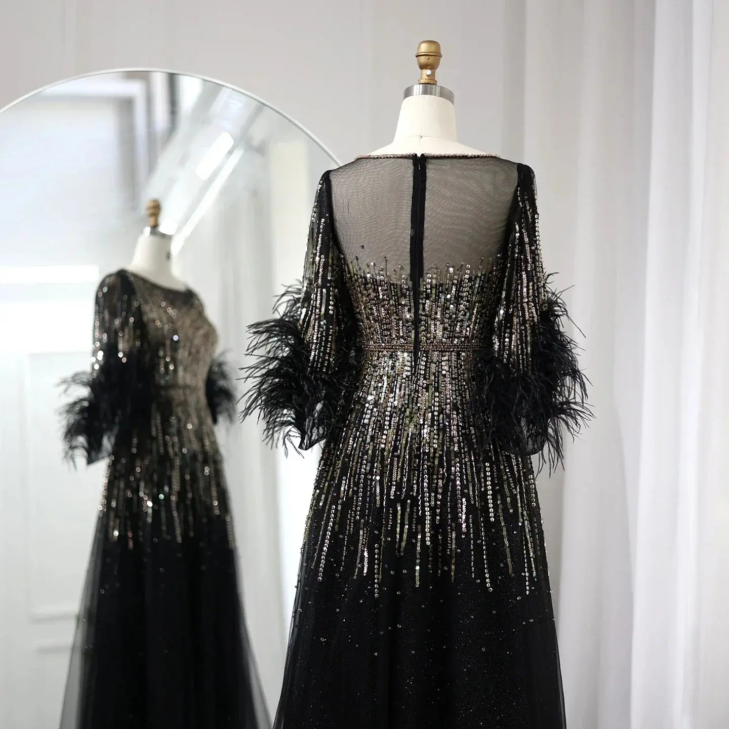 Luxury Feathers Black Half Sleeve Evening Dress SS339 Sharon Said