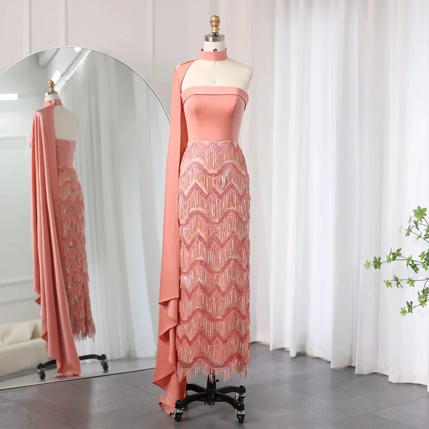 Blue Tassel Strapless Evening Dress with Cape Sleeve SS143  Coral Pink / US 18