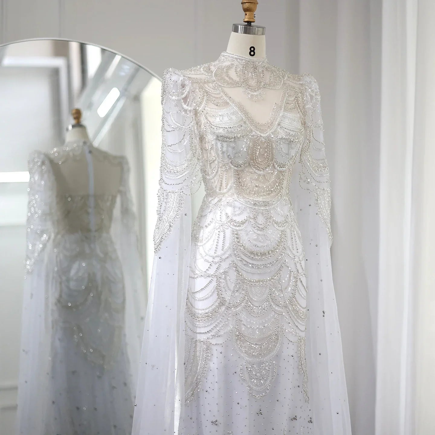 Dreamy Vow Green Luxury Dubai Mermaid Evening Dresses with Cape Sleeves Arabic Muslim Women Wedding Party Gowns Plus Size 145