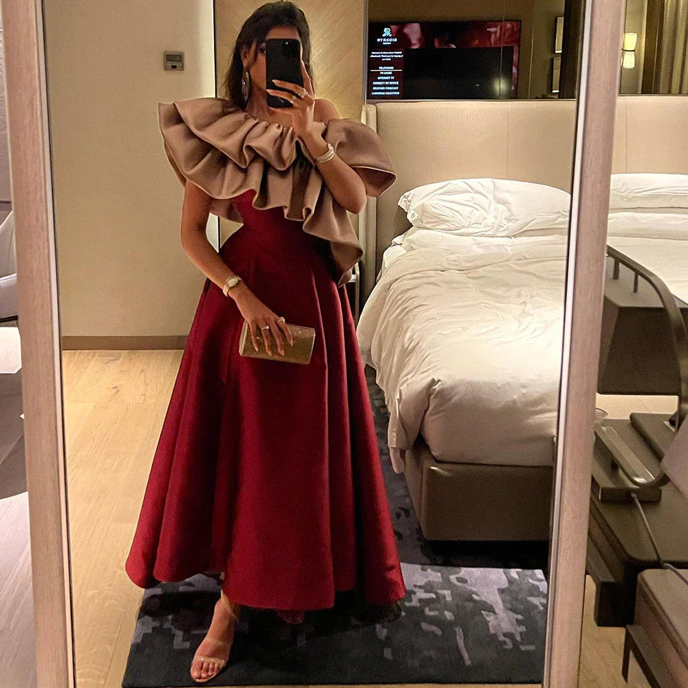 Dreamy Vow Elegant Pink Burgundy Dubai Short Evening Dresses for Wedding Party 2023 Arabic Women Midi Formal Guest Gowns F 057