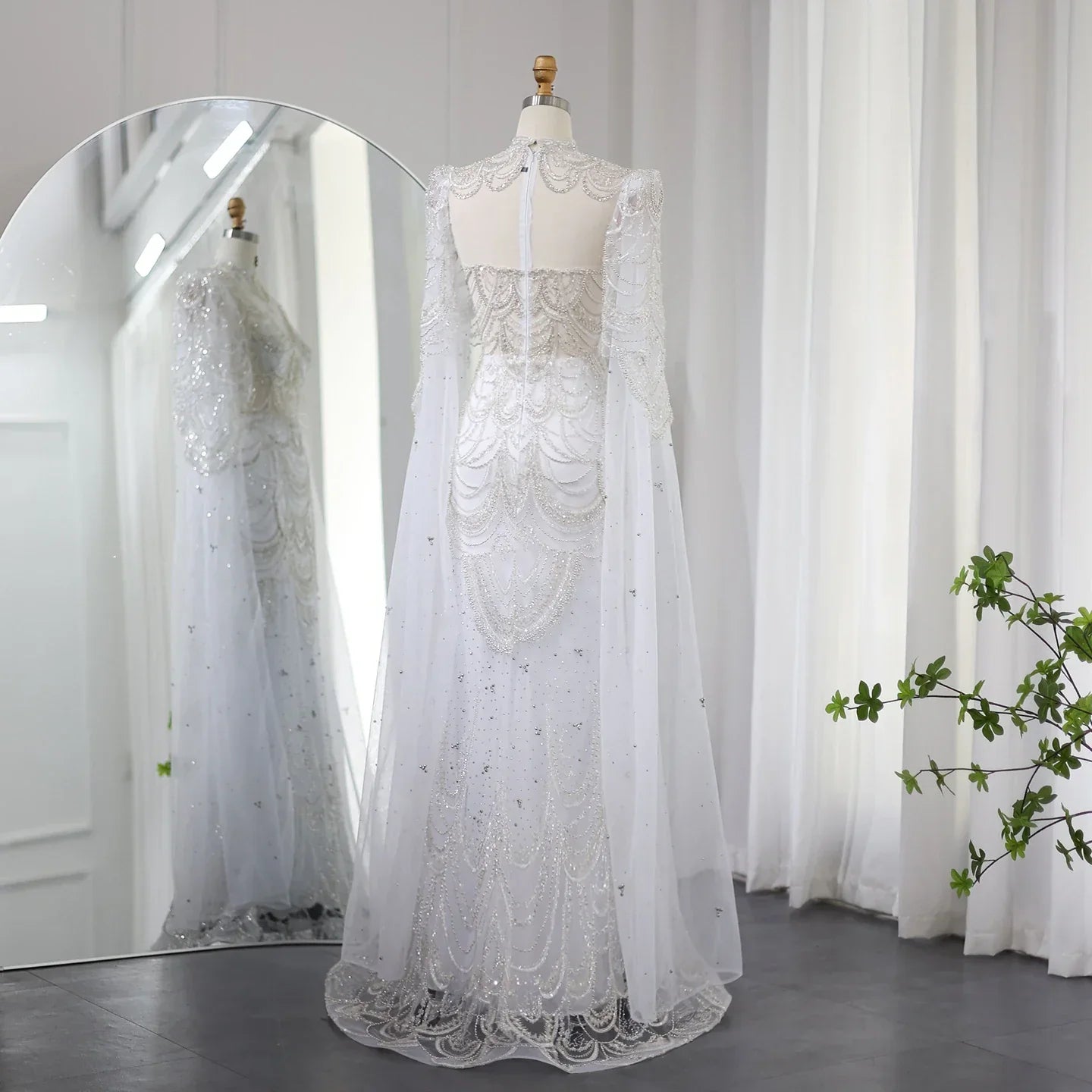 Dreamy Vow Green Luxury Dubai Mermaid Evening Dresses with Cape Sleeves Arabic Muslim Women Wedding Party Gowns Plus Size 145