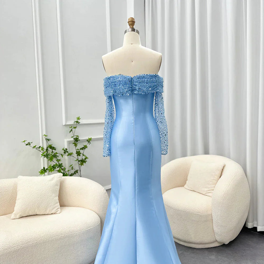 Dreamy Vow Elegant Off Shoulder Blue Arabic Evening Dress for Women Wedding Party Long Sleeves Dubai Formal Prom Gowns 079