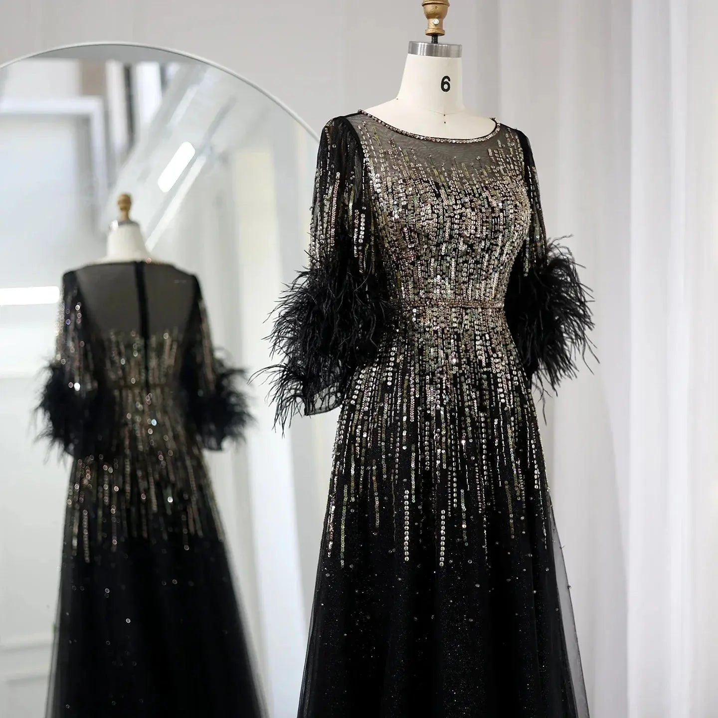 Luxury Feathers Black Half Sleeve Evening Dress SS339 Sharon Said