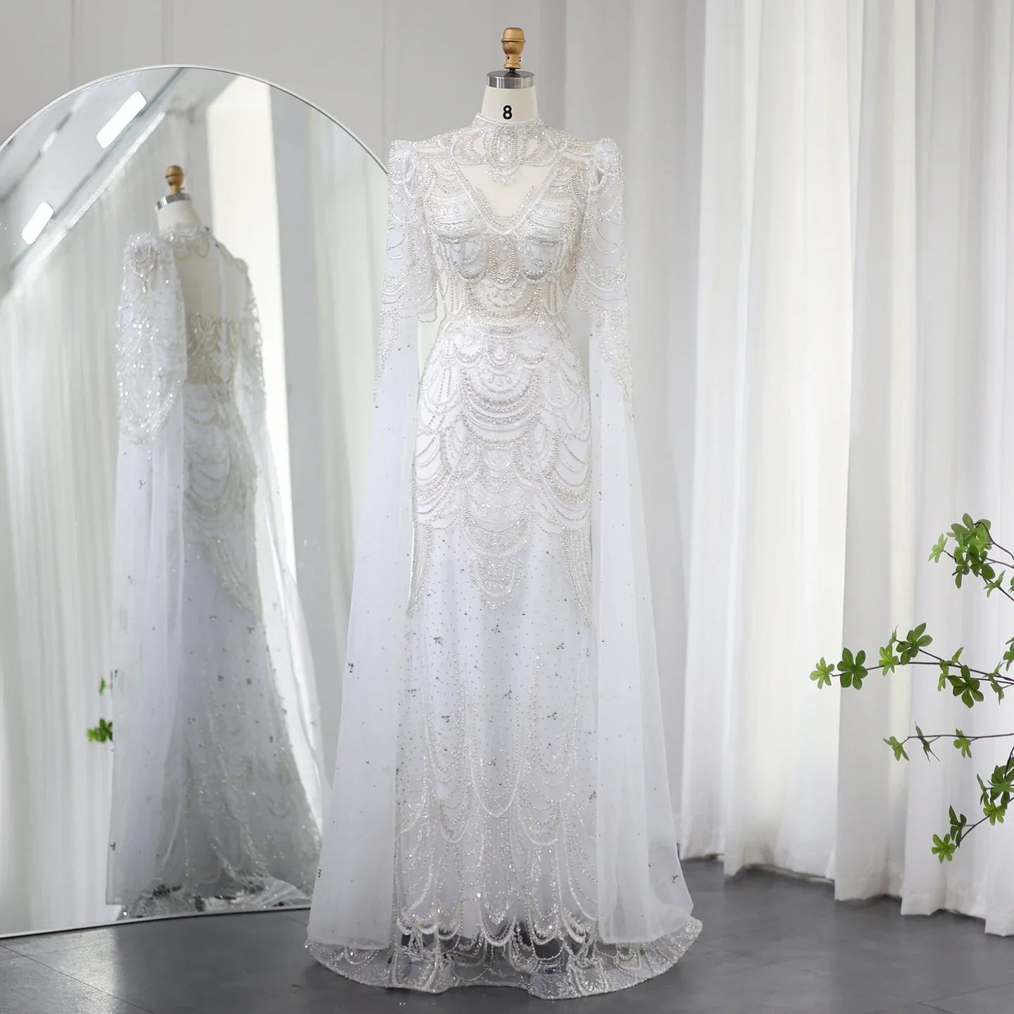 Dreamy Vow Green Luxury Dubai Mermaid Evening Dresses with Cape Sleeves Arabic Muslim Women Wedding Party Gowns Plus Size 145