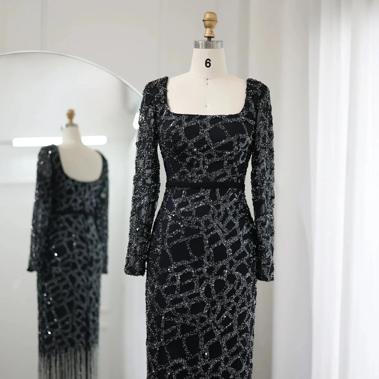 Luxury Tassel Fuchsia Long Sleeve Evening Dress SS347