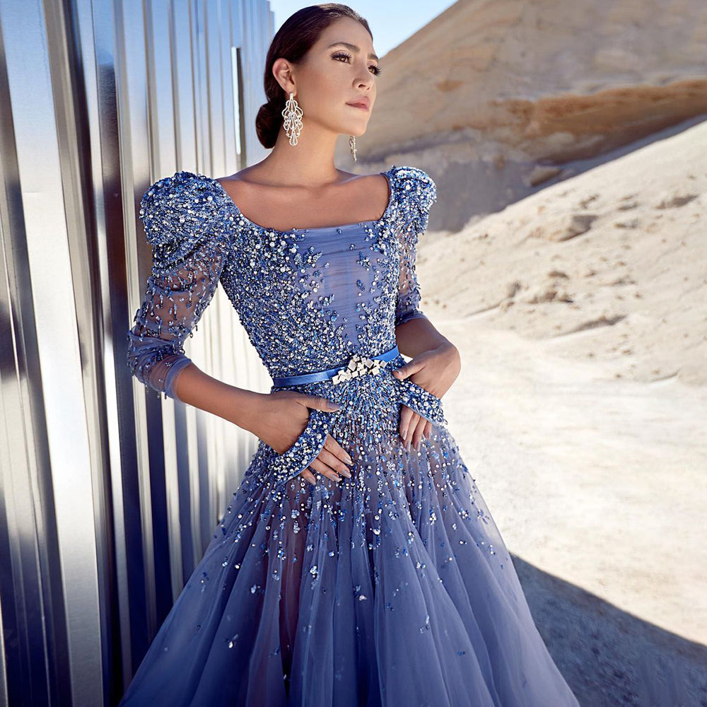 For Sale Luxury Beaded Blue Evening Dress with Half Sleeves SS240