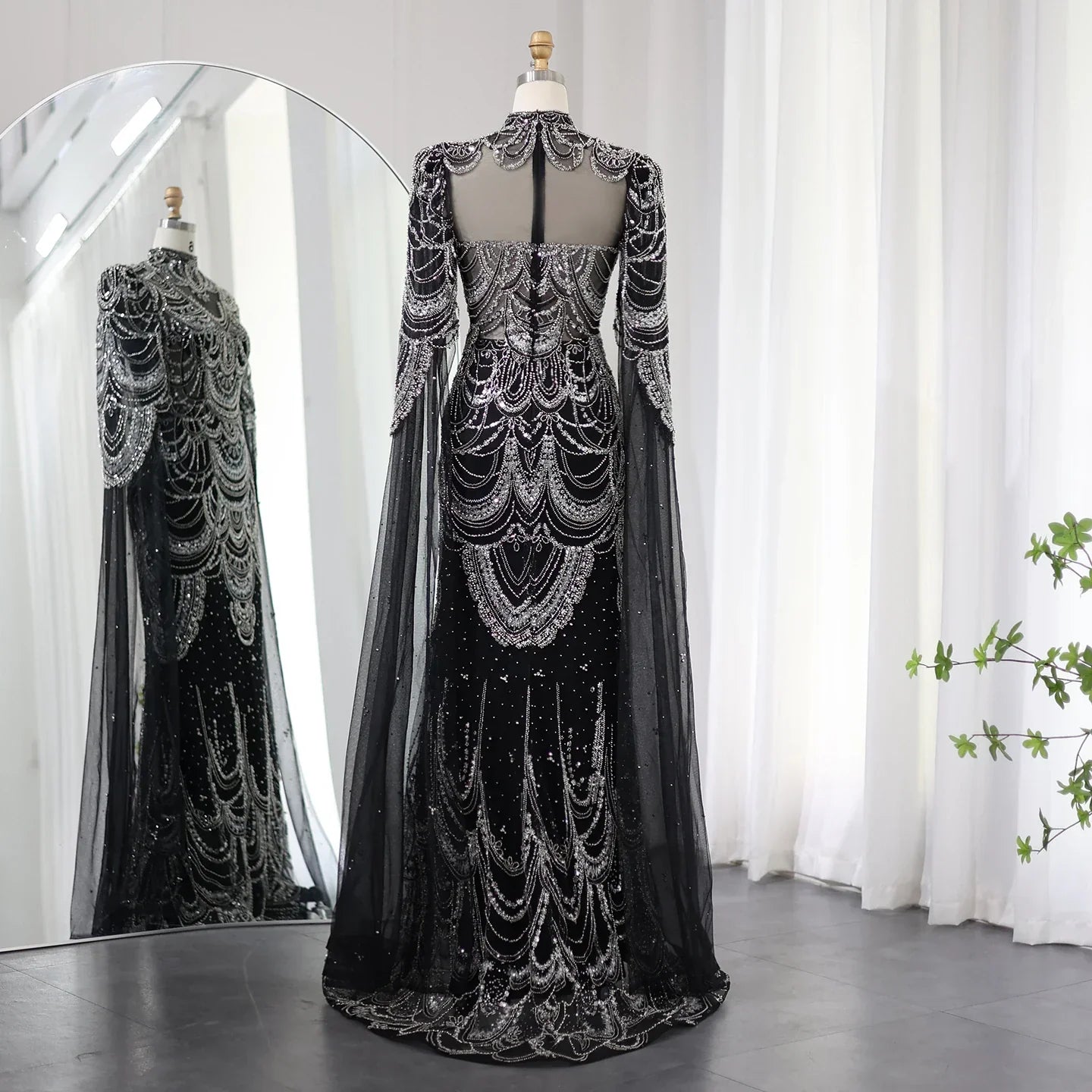 Dreamy Vow Green Luxury Dubai Mermaid Evening Dresses with Cape Sleeves Arabic Muslim Women Wedding Party Gowns Plus Size 145