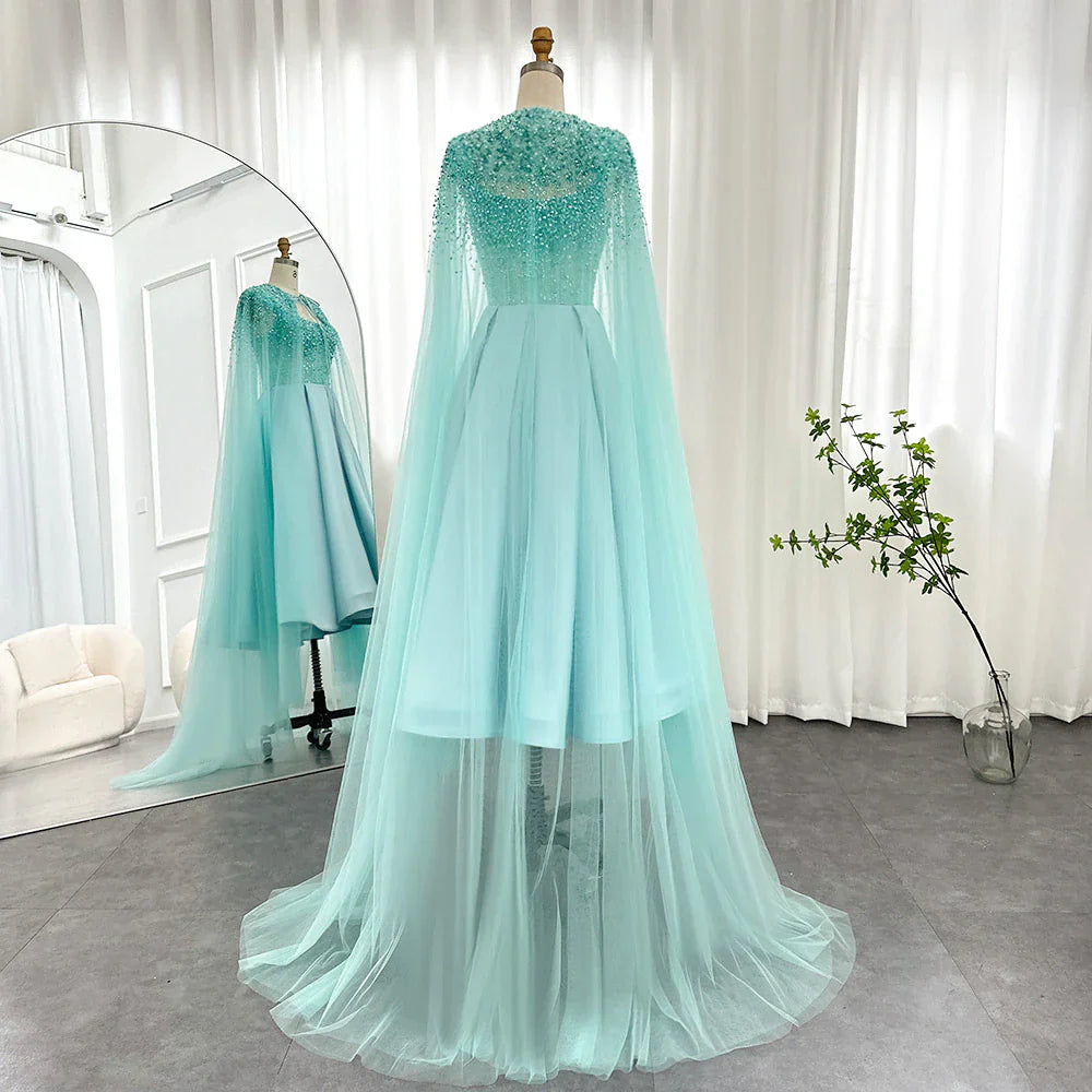 Dreamy Vow Luxury Dubai Blush Pink Arabic Evening Dress with Cape Ankle Length Short Midi Women Wedding Party Dress 392