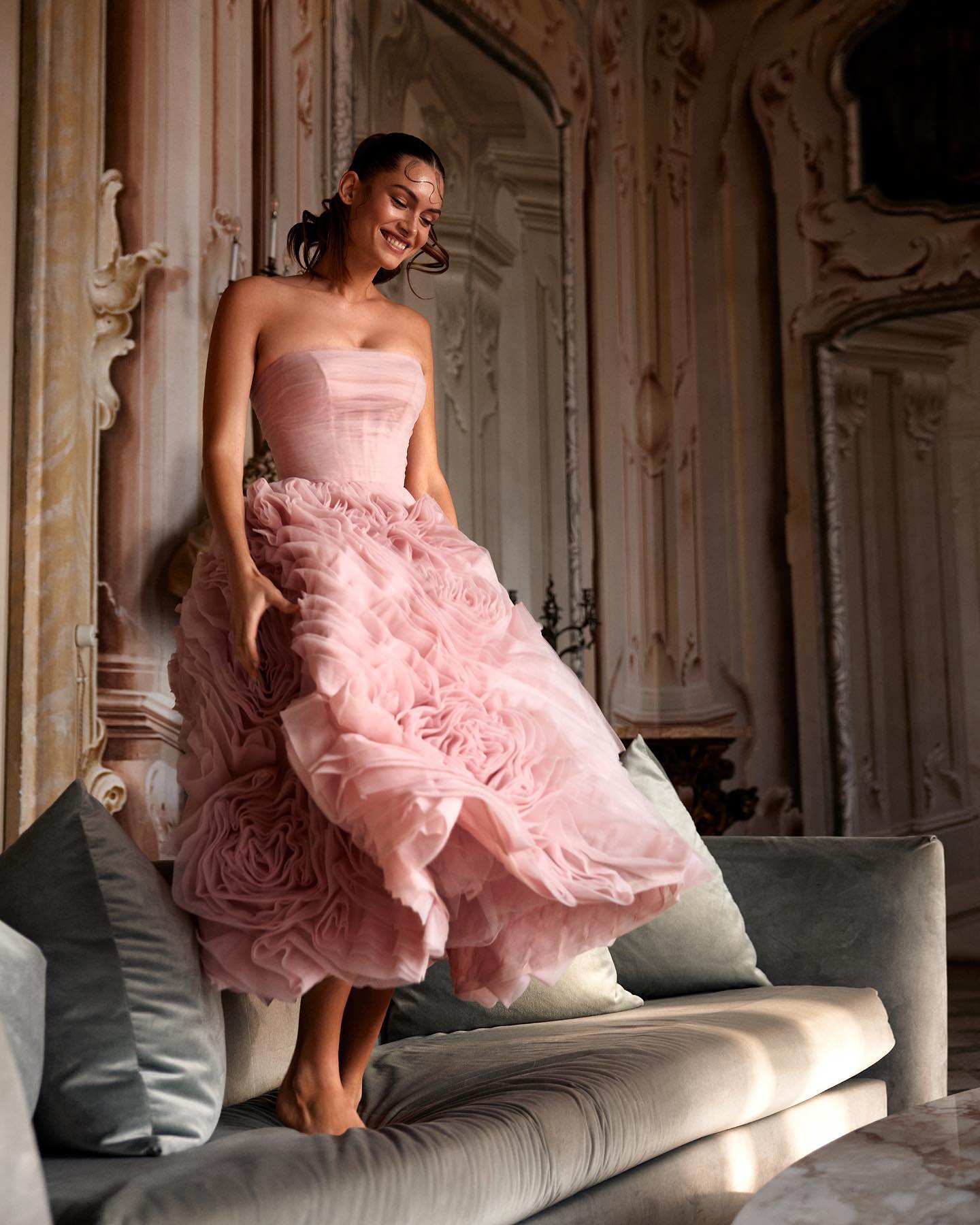 Dreamy Vow Luxury 3D Rose Flower Pink Short Evening Dresses for Women Wedding Party 2023 Strapless Midi Formal Prom Gowns 343