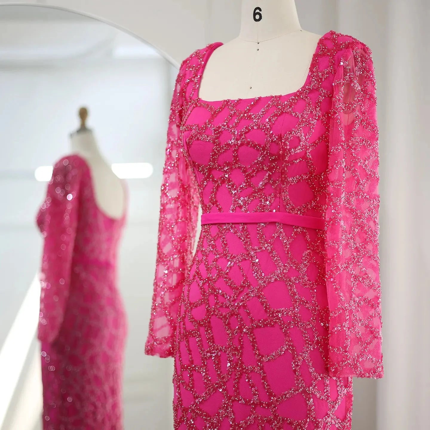 Luxury Tassel Fuchsia Long Sleeve Evening Dress SS347