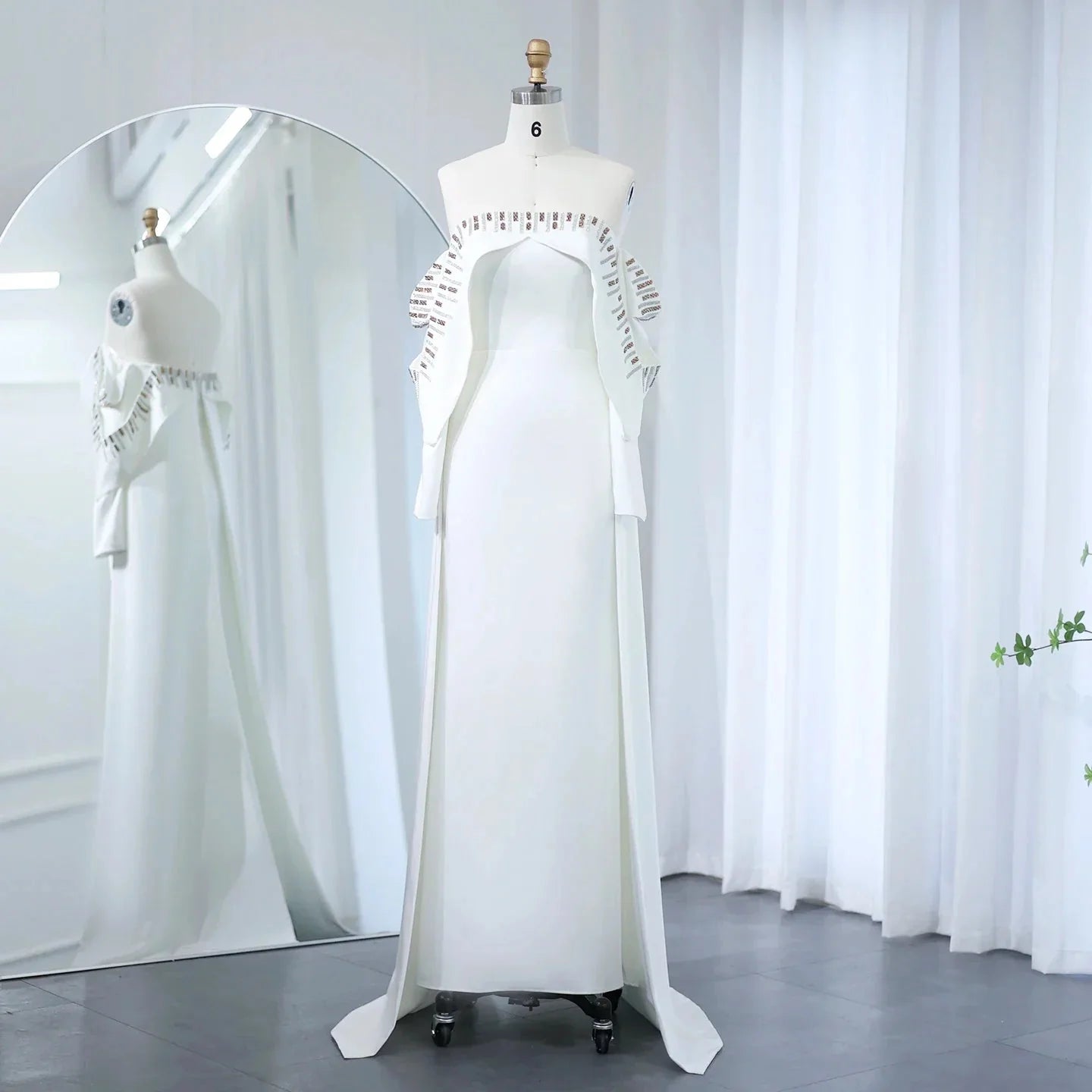 Elegant White Off Shoulder Long Sleeves Evening Dress with Cape SF008  Off White / US 16