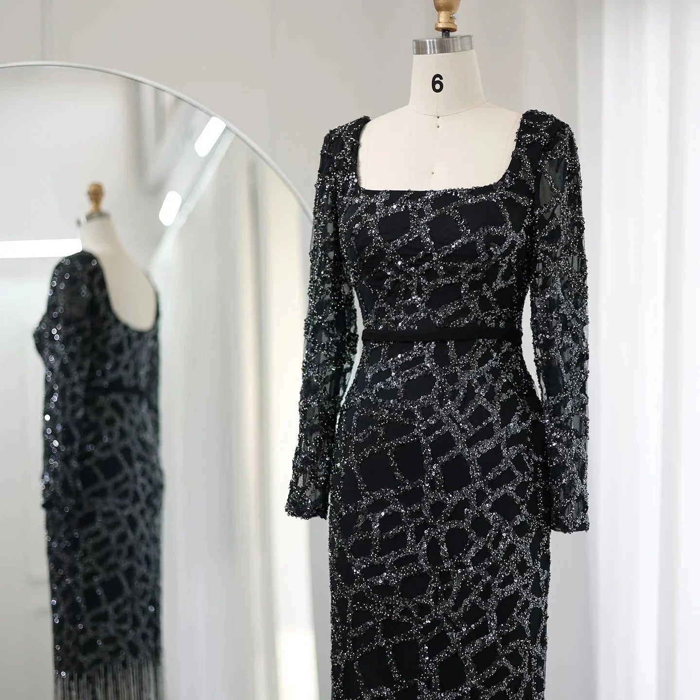 Luxury Tassel Fuchsia Long Sleeve Evening Dress SS347