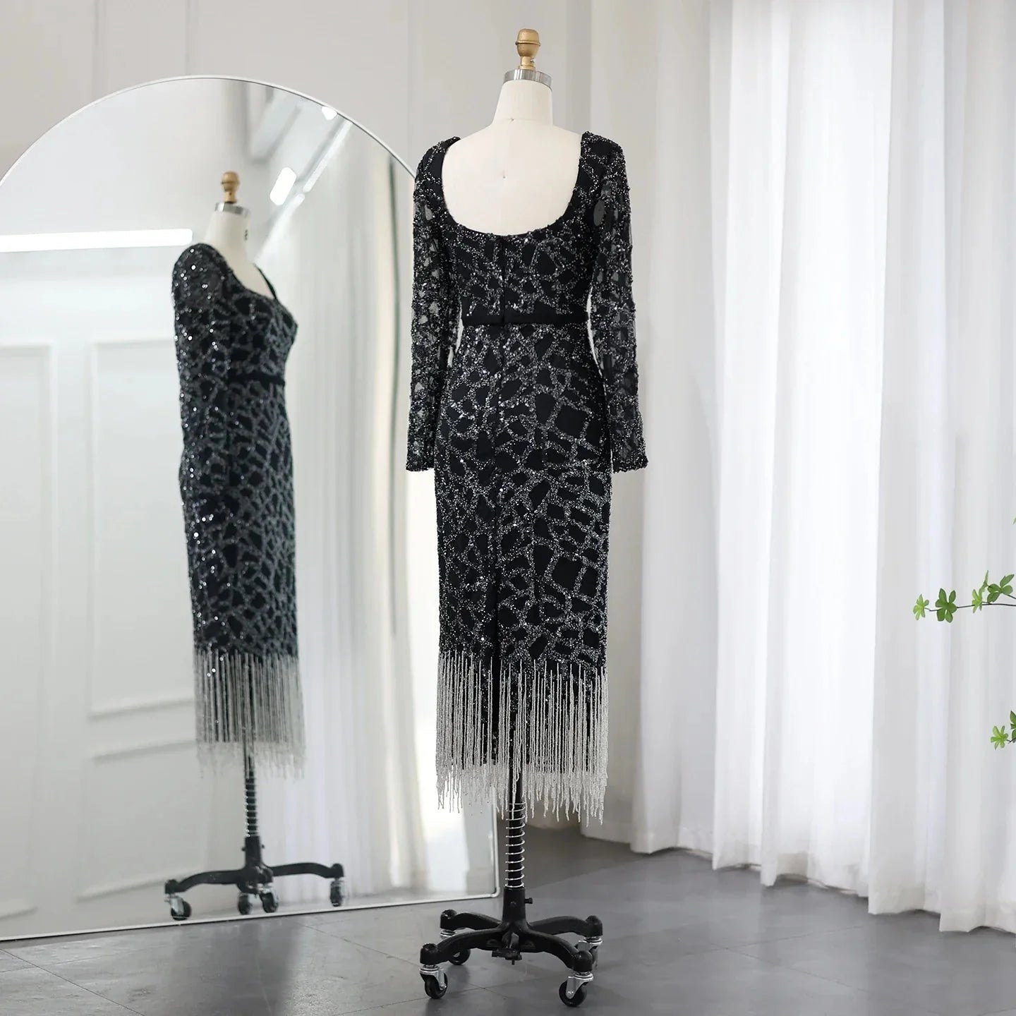 Luxury Tassel Fuchsia Long Sleeve Evening Dress SS347