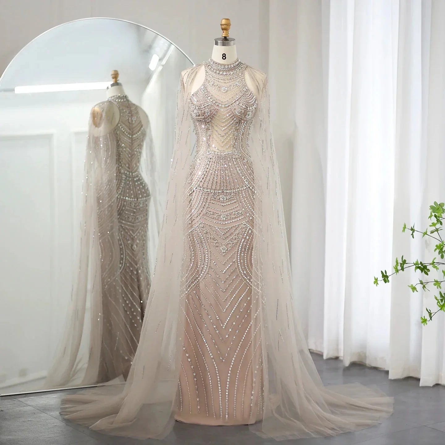 Luxury Champagne Evening Dress with Cape Sleeves SS077  Champagne / US 18