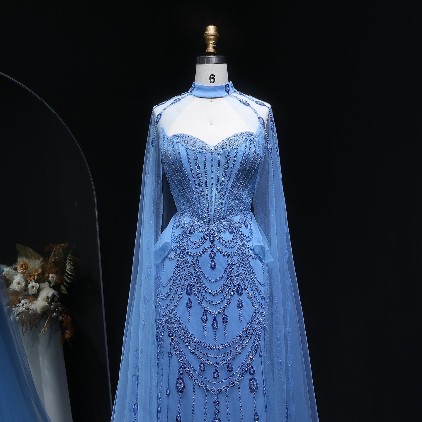 Elegant Beaded Blue Evening Dress with Cape Sleeves and Overskirt SS092