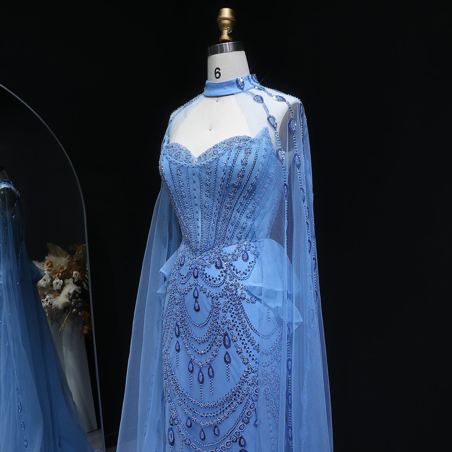 Elegant Beaded Blue Evening Dress with Cape Sleeves and Overskirt SS092