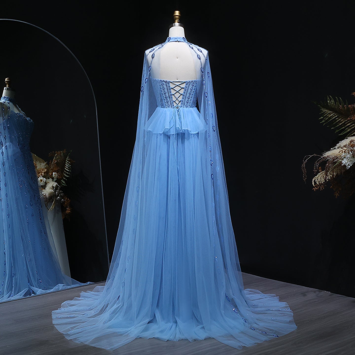 Elegant Beaded Blue Evening Dress with Cape Sleeves and Overskirt SS092