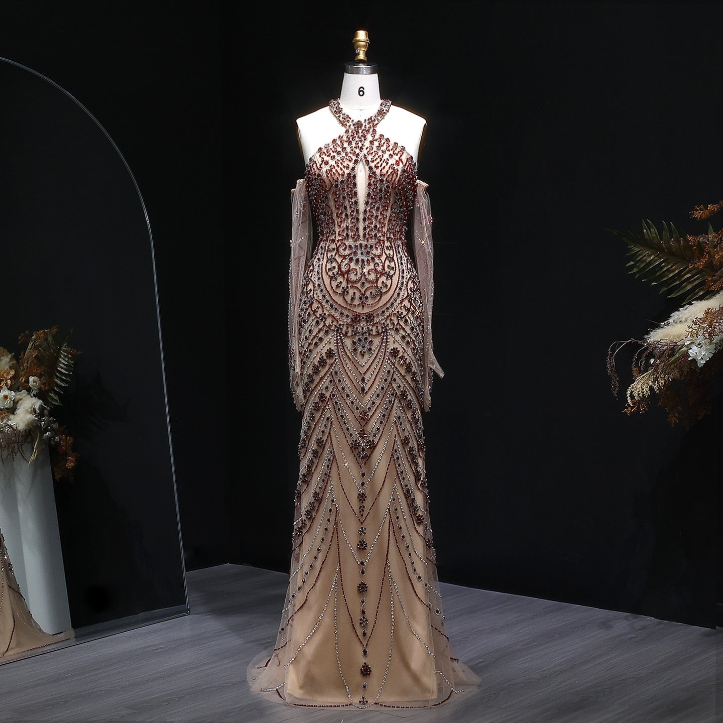 Luxury Beaded Halter Evening Dress with Gloves SS118