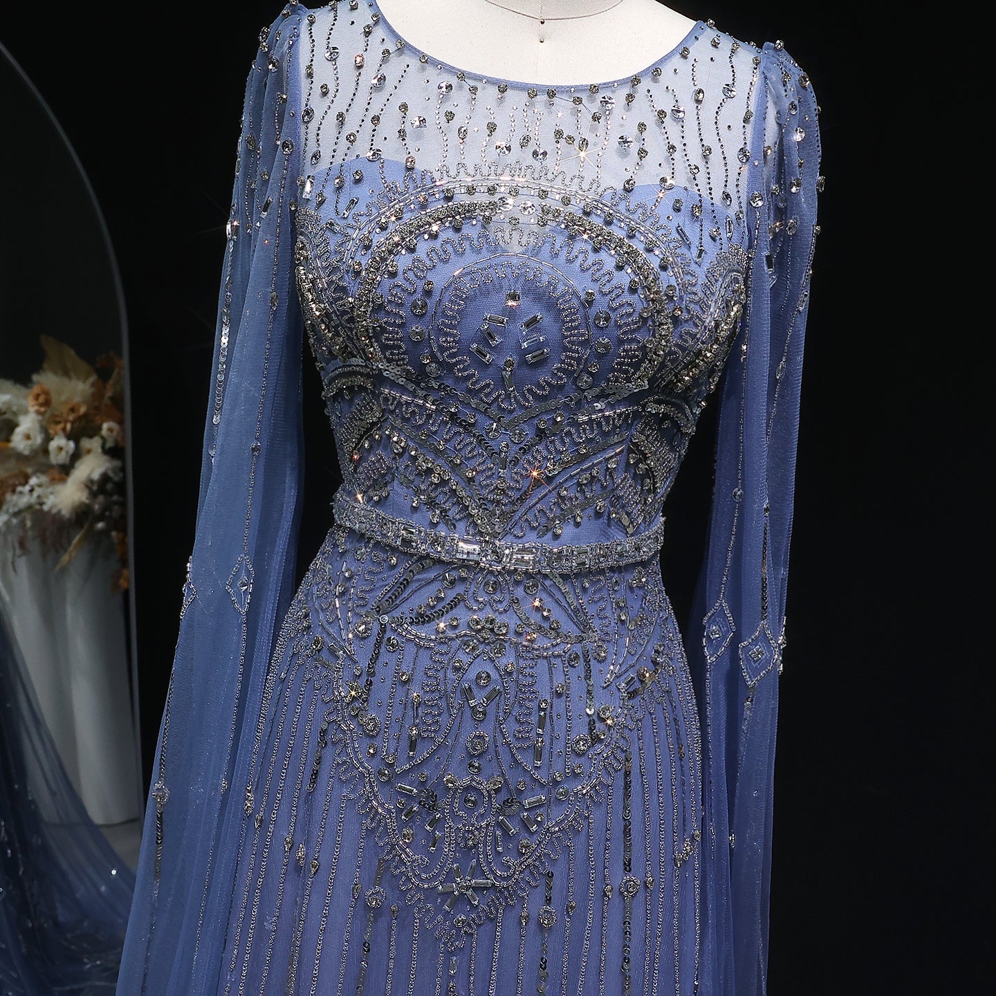 Luxury Blue Beaded Evening Dress with Cape Sleeves SS236