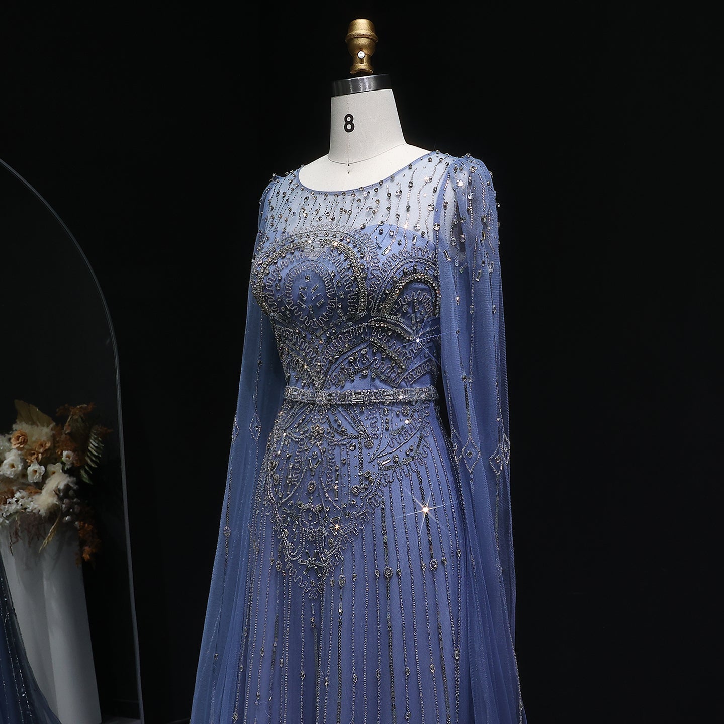 Luxury Blue Beaded Evening Dress with Cape Sleeves SS236