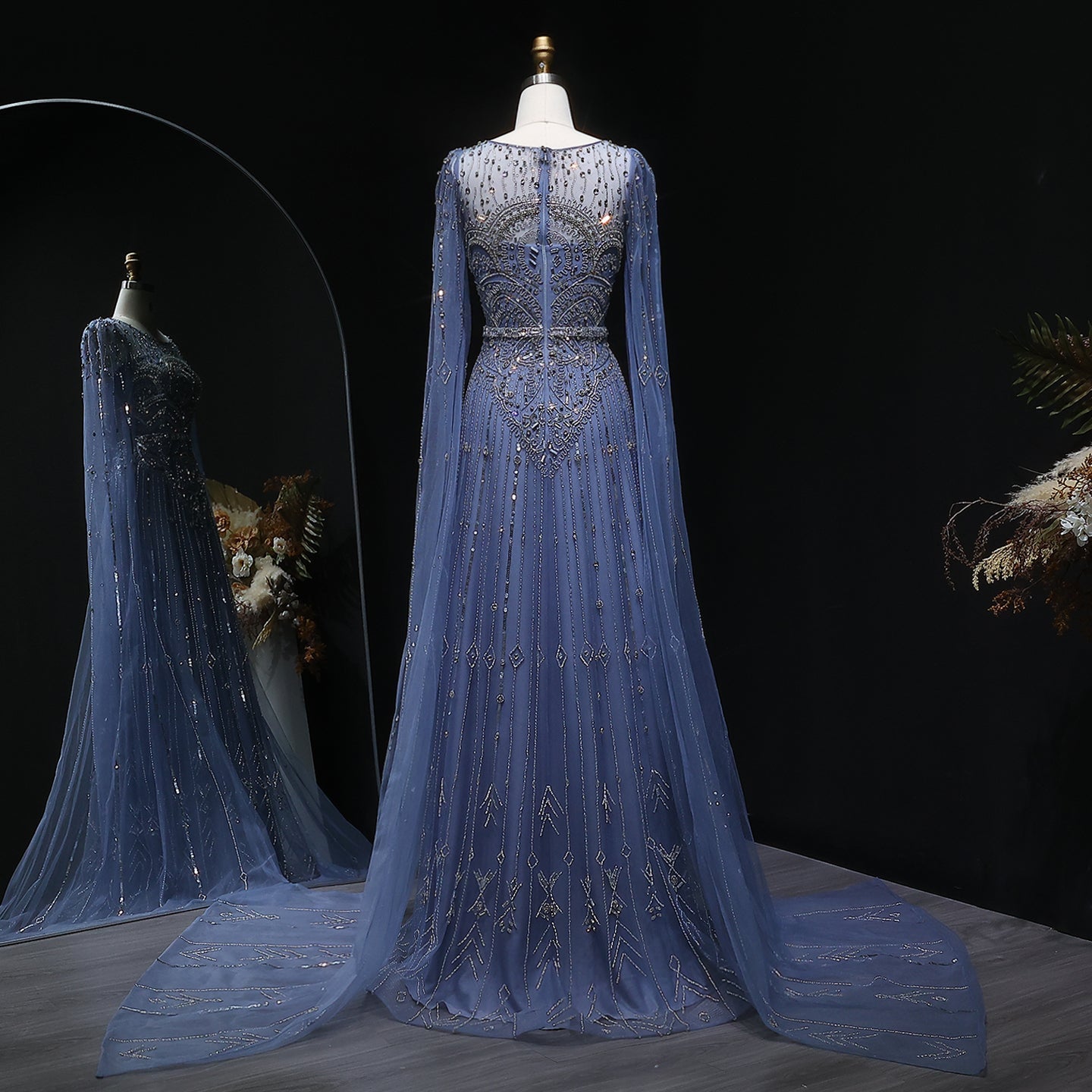 Luxury Blue Beaded Evening Dress with Cape Sleeves SS236