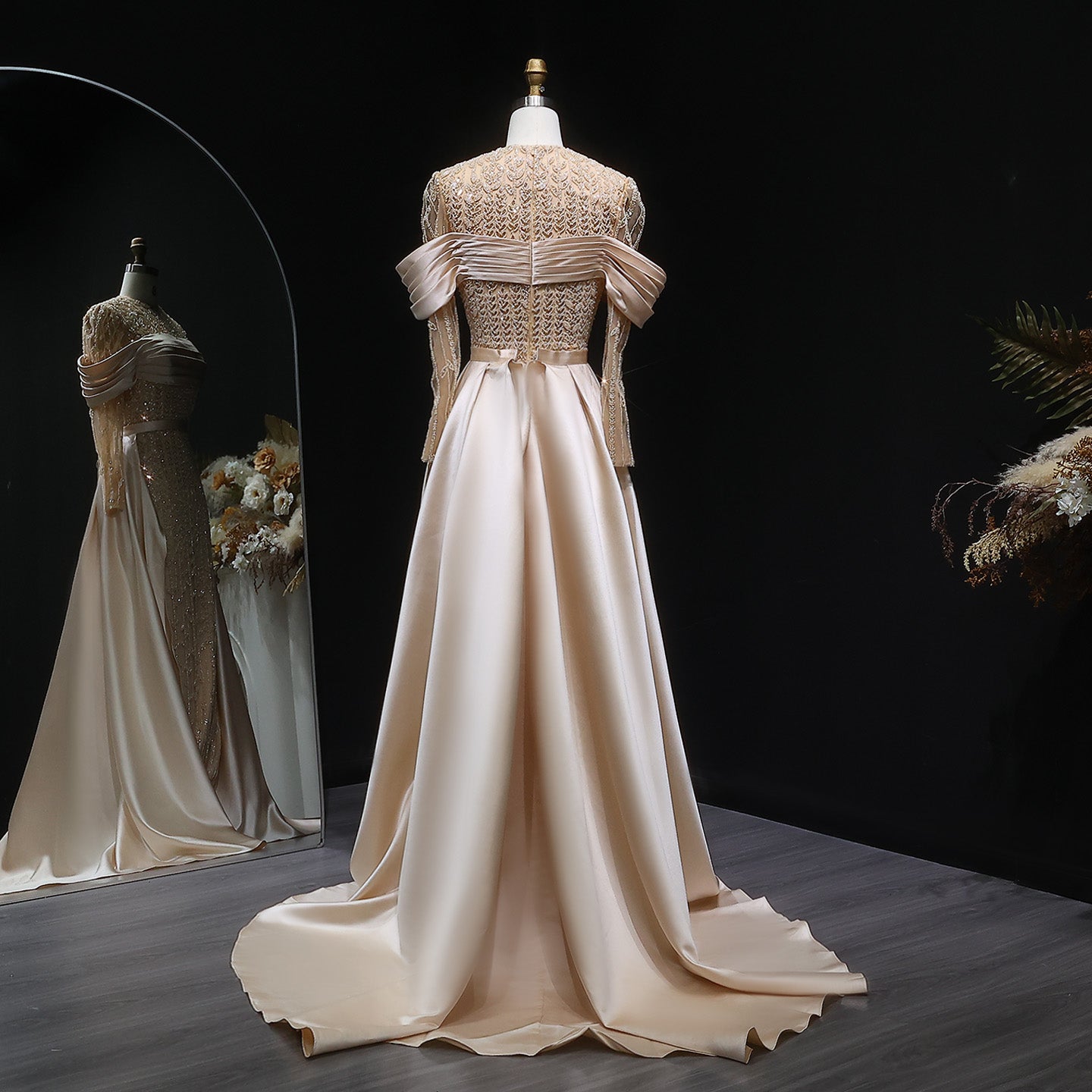 Elegant Arabic Champagne Beaded Evening Dress with Overskirt SS253