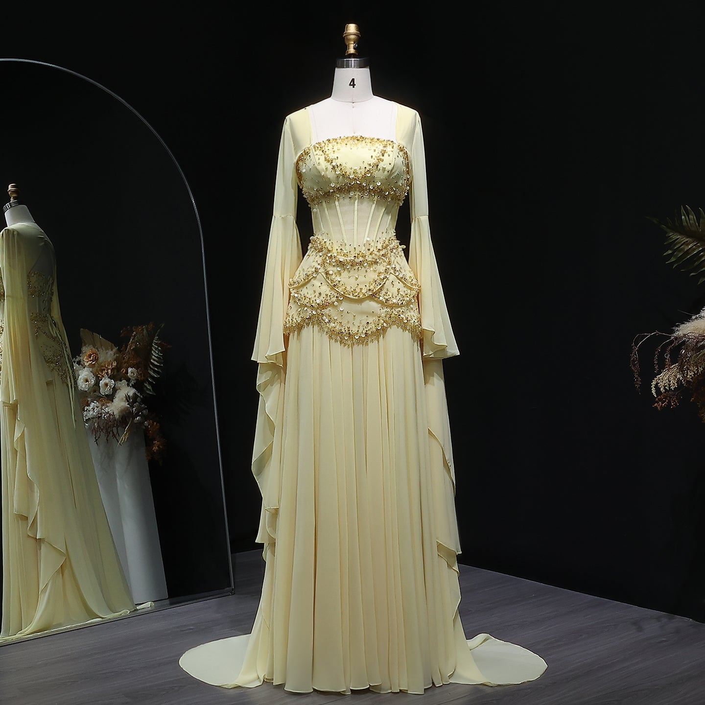 Luxury Pearls Tassel Blue and Yellow Evening Dress with Flowing coat SS286  Yellow Long Sleeves / US 20