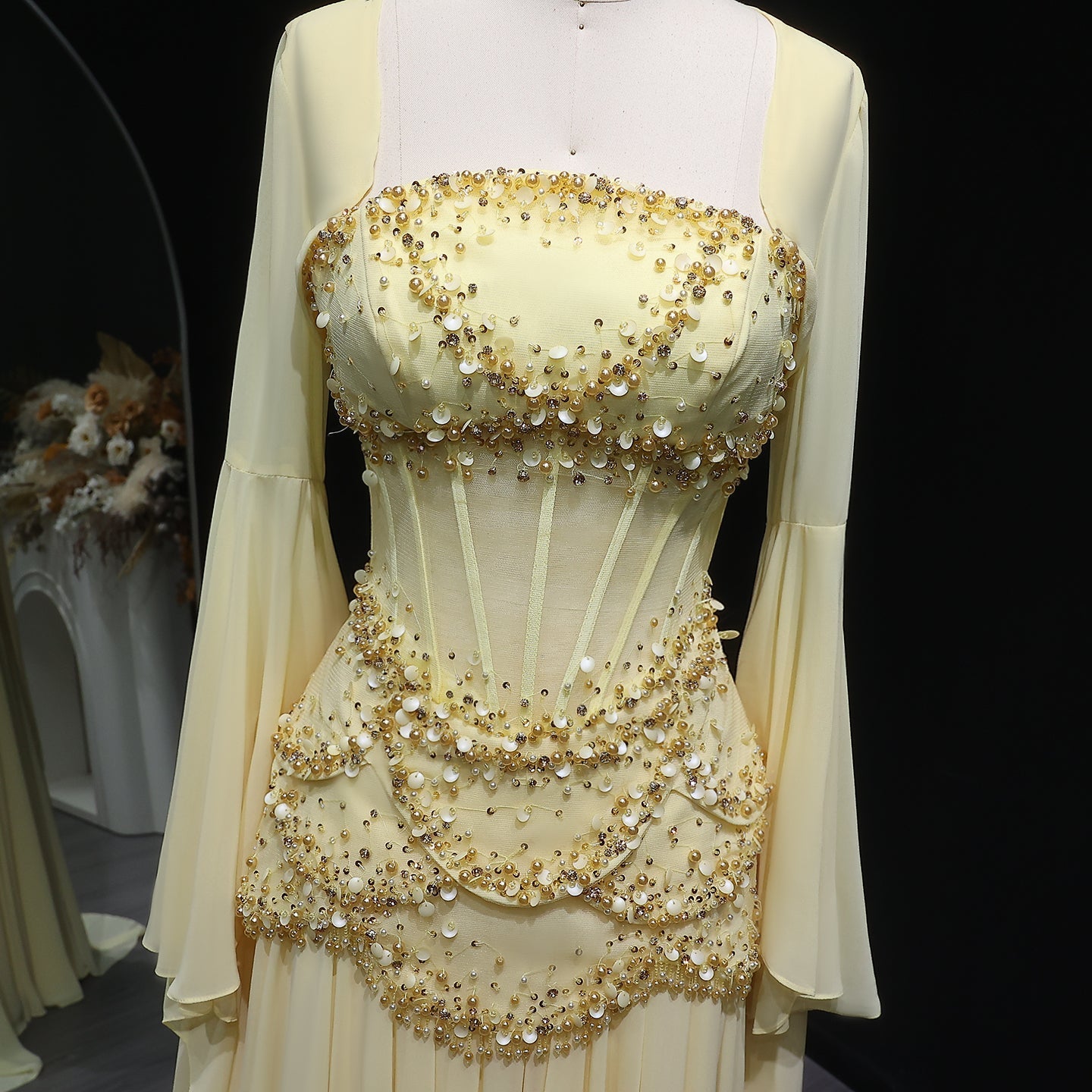 Luxury Pearls Tassel Blue and Yellow Evening Dress with Flowing coat SS286