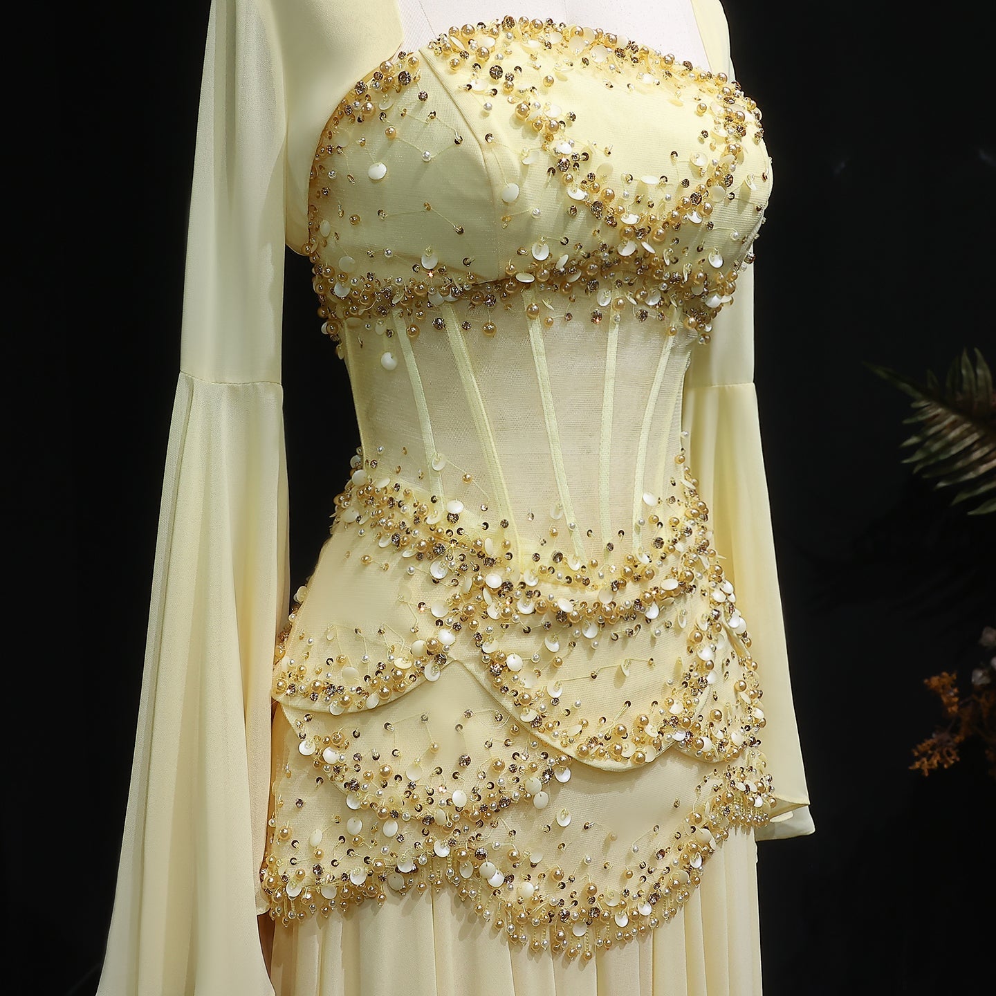 Luxury Pearls Tassel Blue and Yellow Evening Dress with Flowing coat SS286