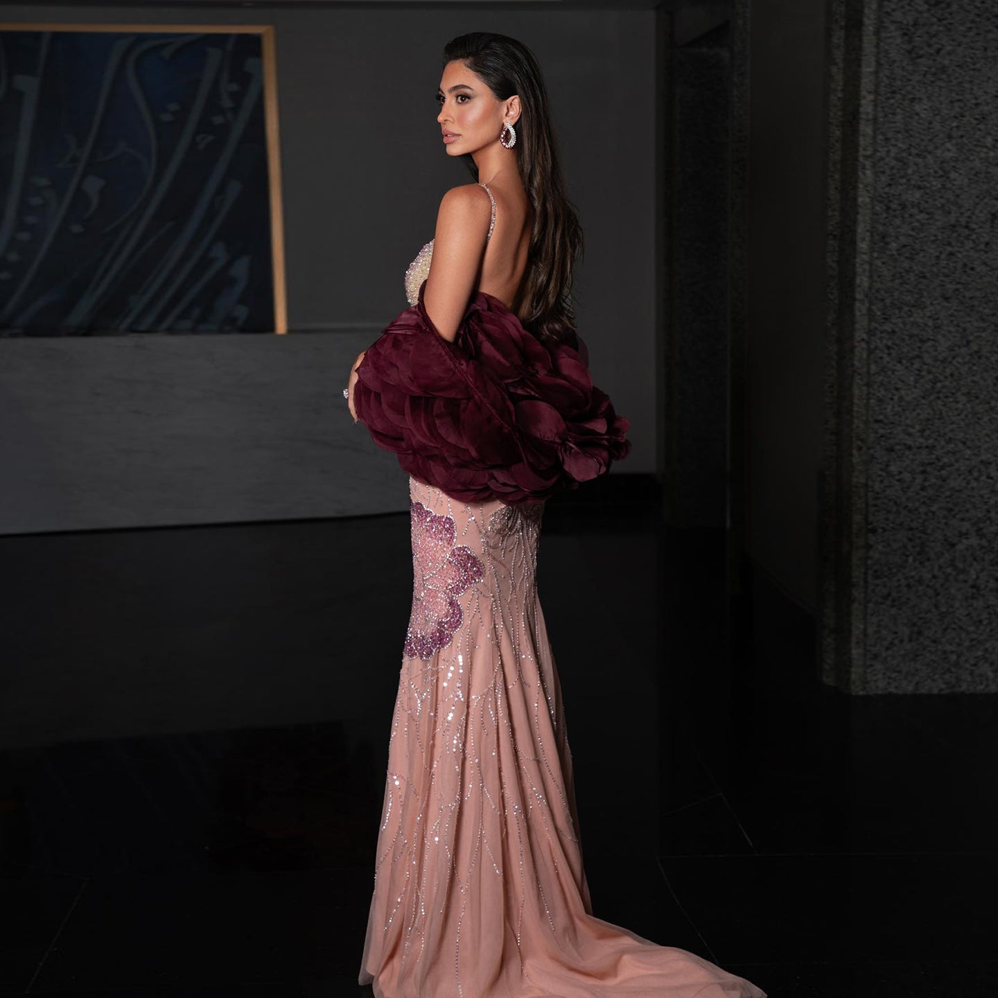 Luxury Pink Floral Beaded Evening Dress with Burgundy Shawl SS515