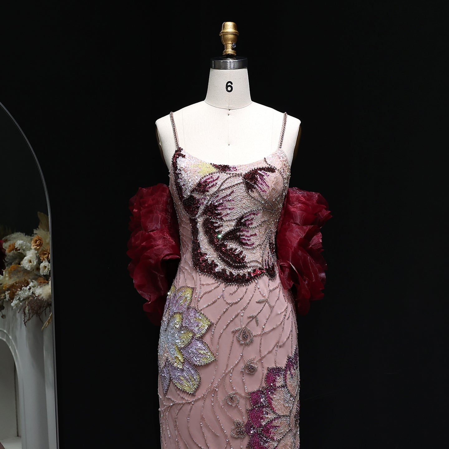 Luxury Pink Floral Beaded Evening Dress with Burgundy Shawl SS515