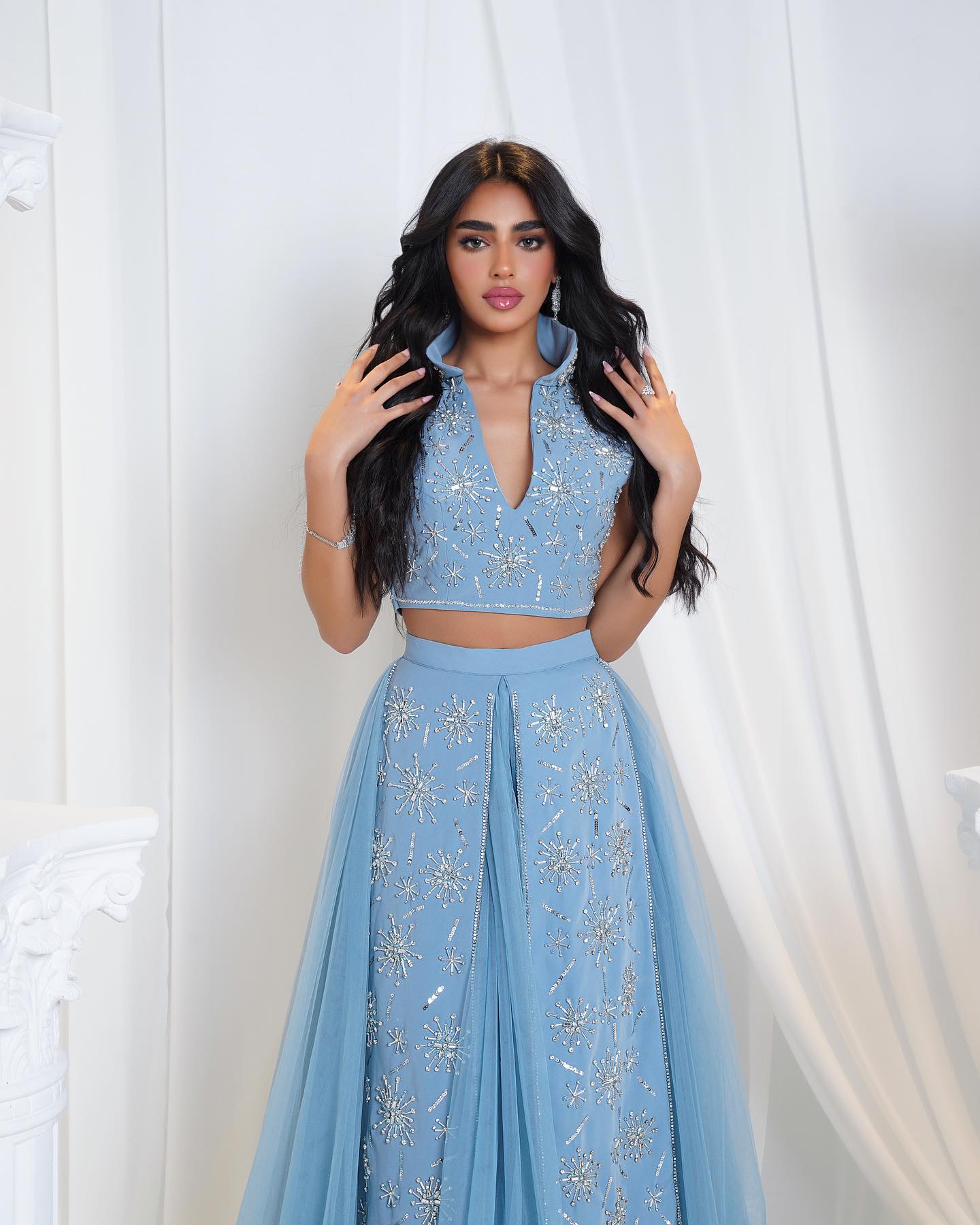 Luxury Blue Beaded 2 pieces Evening Dress with ruffles SS597