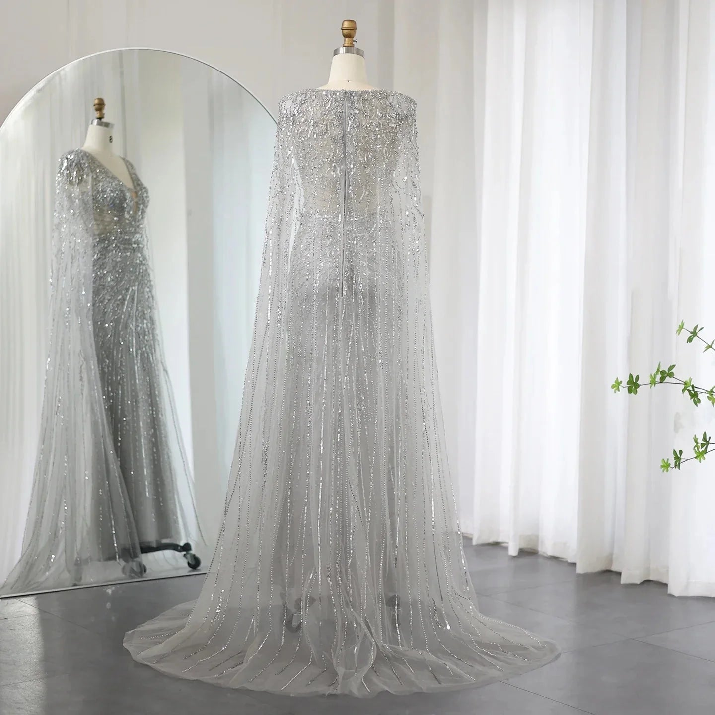 Luxury Turquoise V-Neck Evening Dress with Cape SS397