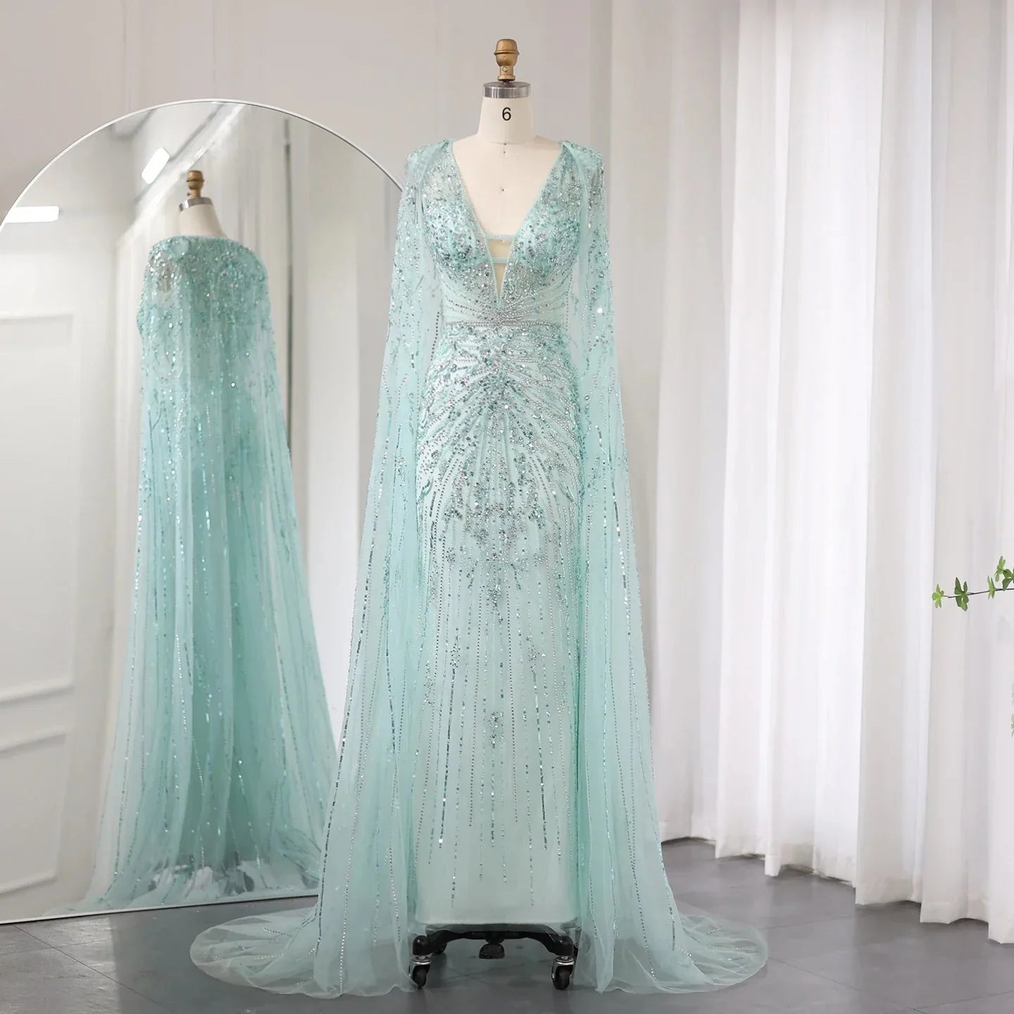 Luxury Turquoise V-Neck Evening Dress with Cape SS397  Turquoise / US 20