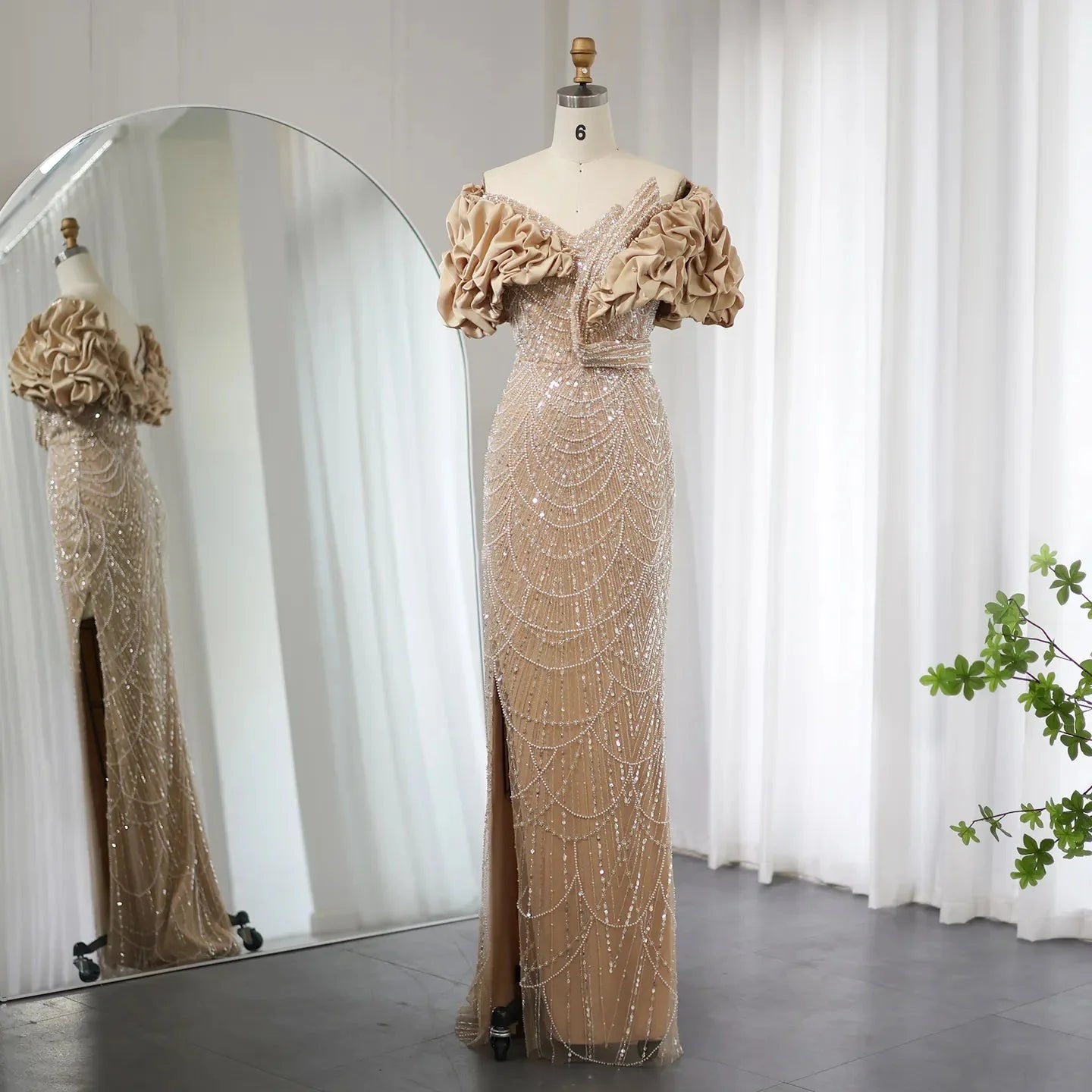 Elegant Off Shoulder Mermaid Sage Green Slit Evening Dress SS288  Champagne / US 16