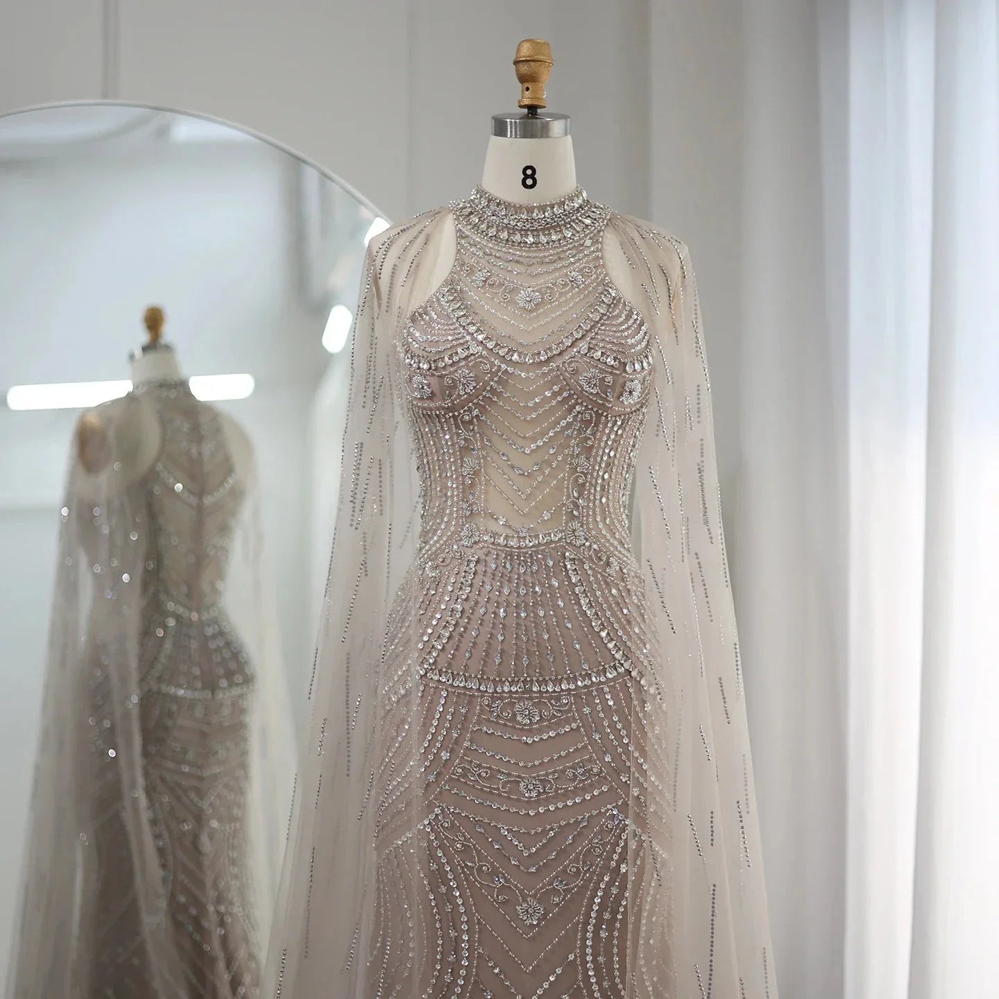 Luxury Champagne Evening Dress with Cape Sleeves SS077