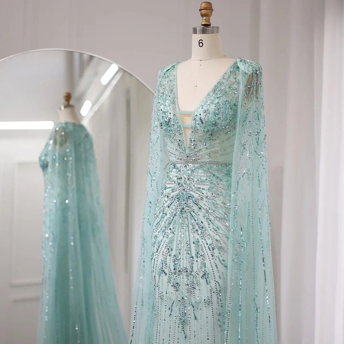 Luxury Turquoise V-Neck Evening Dress with Cape SS397