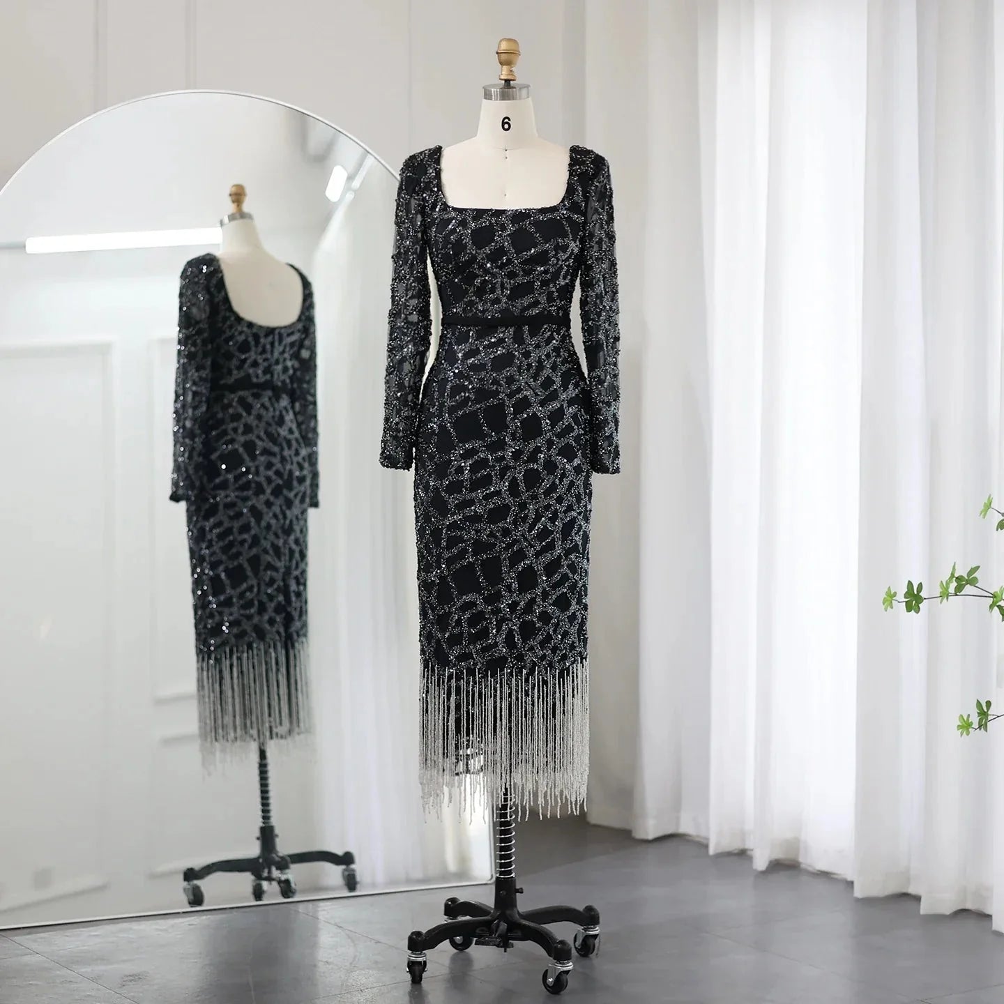 Luxury Tassel Fuchsia Long Sleeve Evening Dress SS347  Black / US 16