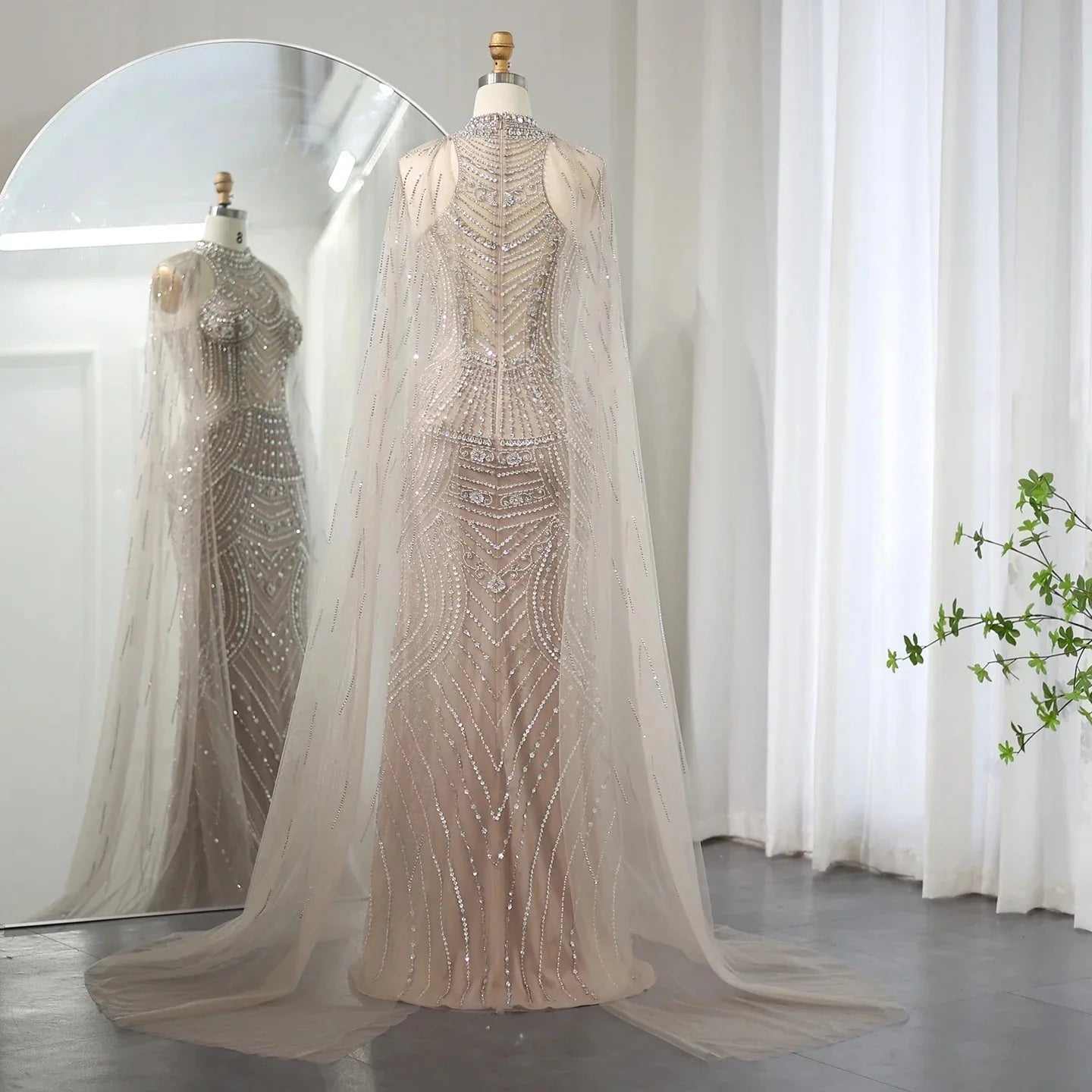 Luxury Champagne Evening Dress with Cape Sleeves SS077